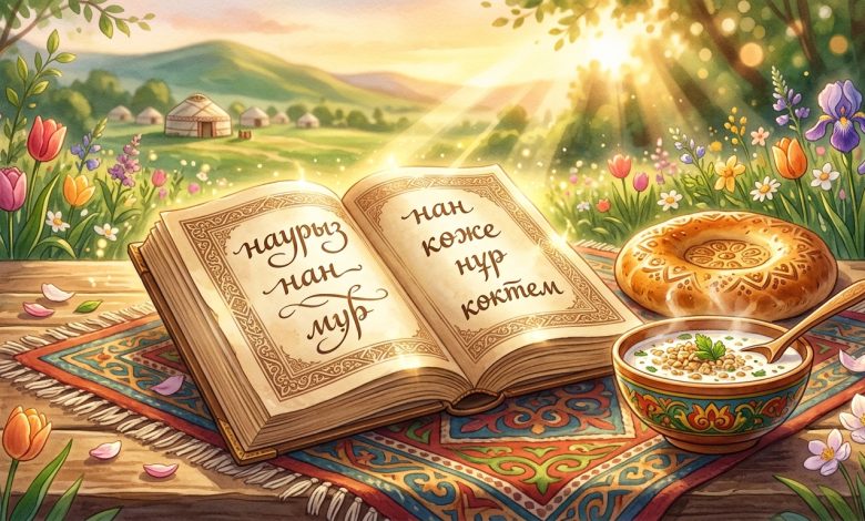Н әріпінен басталатын сөздер - наурыз, нан, нұр темалы иллюстрация